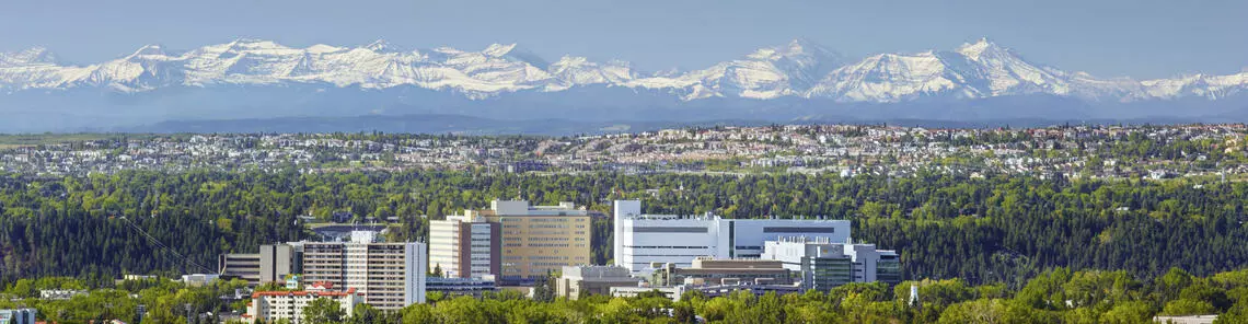 The Foothills campus of the University of Calgary, with the Rocky Mountains behind