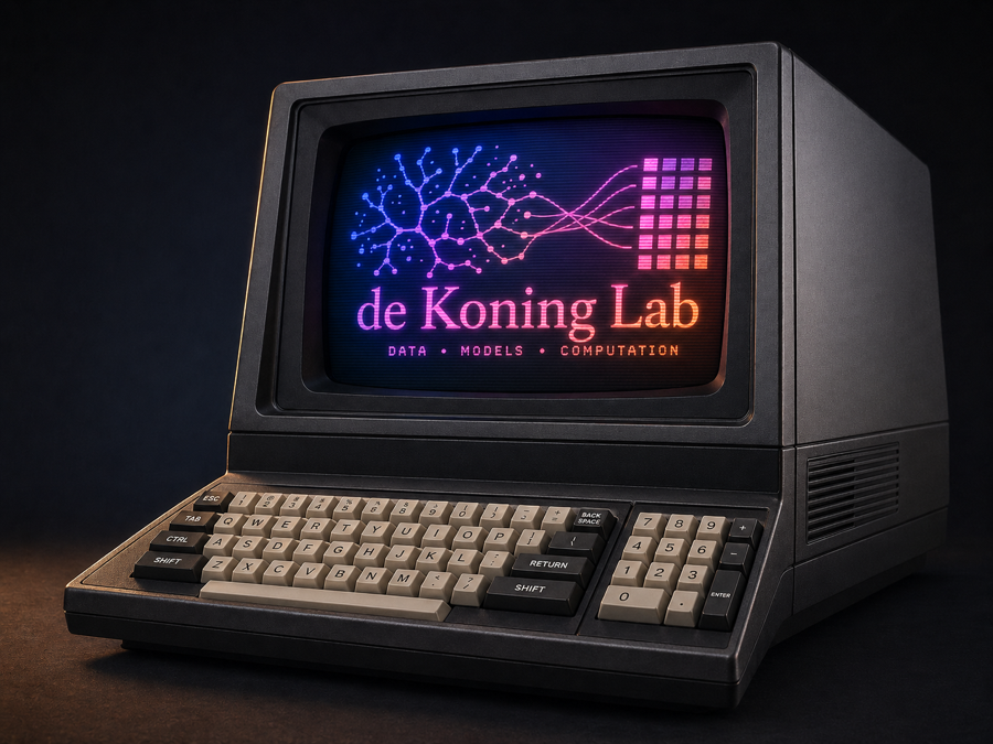 A retro terminal showing the de Koning Lab logo in phosphor